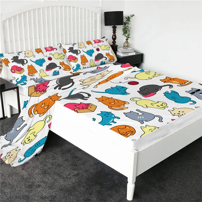 Colorful cat BeddingOutlet простыня с мультяшными котами, цветная простыня с единорогом, плоский лист с наволочкой, постельные принадлежности, 4 шт., наматрасник - Цвет: Colorful cat