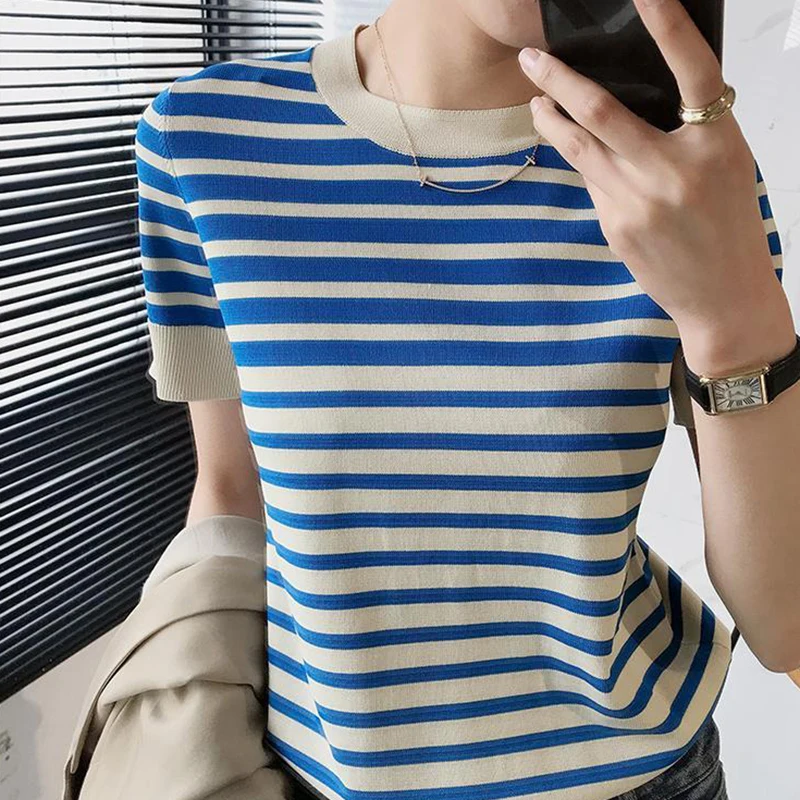 

Женская футболка в полоску, повседневная трикотажная футболка с круглым вырезом и коротким рукавом, подходящего цвета, лето 2021