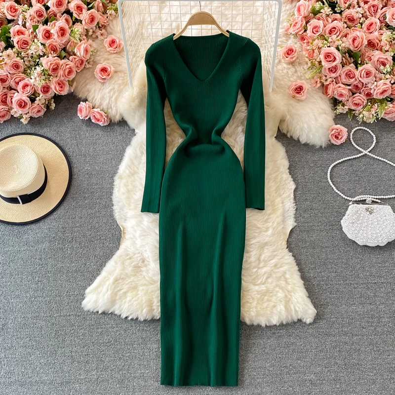 

Autumn Elegant Stretch tight knit dress womens winter V-neck temperament Slim sexy hip high waist midi base Dress lady vestidos
