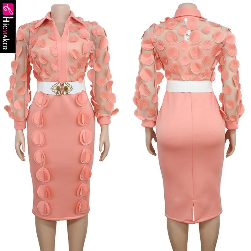 Women Plus Size Turn Down Collar Bodycon Dress See Through Long Sleeve Chic Elegant Office Lady Party Vestido | Женская одежда