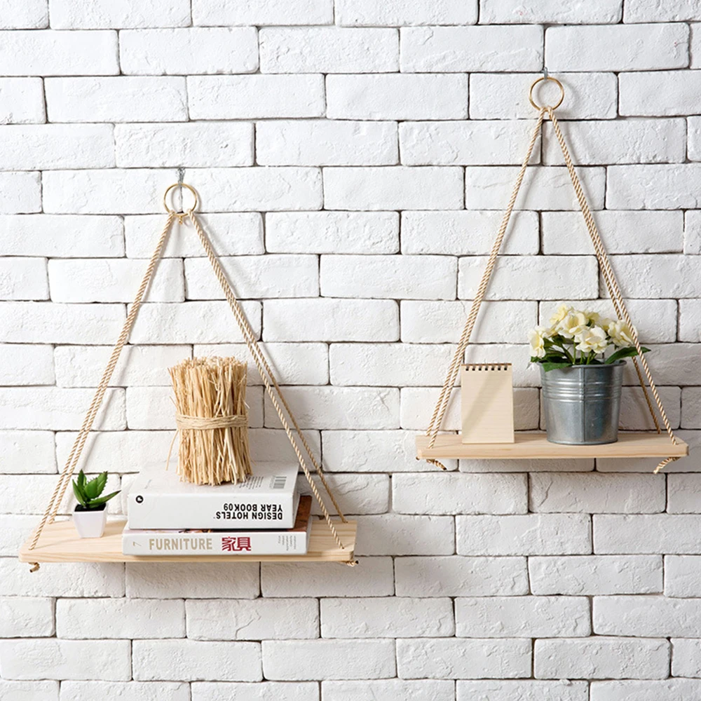 

Natural Wall Shelf Swing Hanging Rope Storage Shelves Plant Flower Pot Organizer Floating Rack Kitchen Living Room Bedroom Decor
