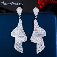 threegraces irregular full cz stone pave silver color luxury wedding party big long drop dangle earrings jewelry for women er520