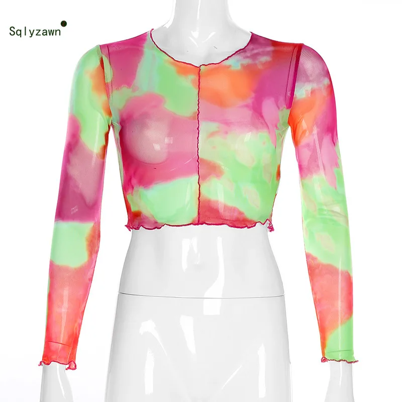 Женские в цветные кадраты Прозрачная сетка короткий топ сексуальный уличная