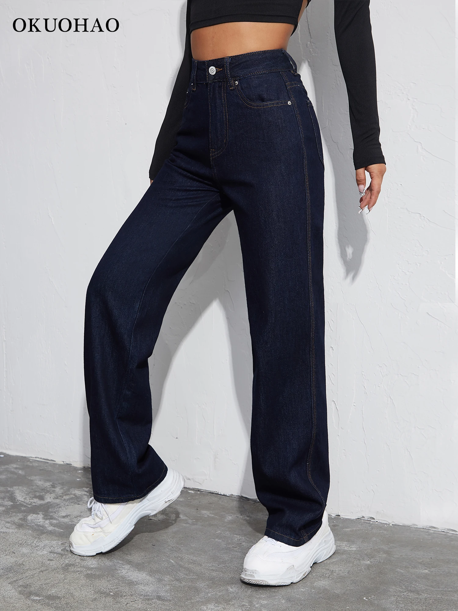 Classic Straight Jeans Women Blue Baggy Denim Pants High Waist Slim Wide Leg Trousers Female Clothing Wash Fashion Jeans Pants