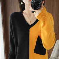 fashionable color blocking wool sweater womens fallwinter v neck sweater knitted loose bottoming pullover stylish inner tops