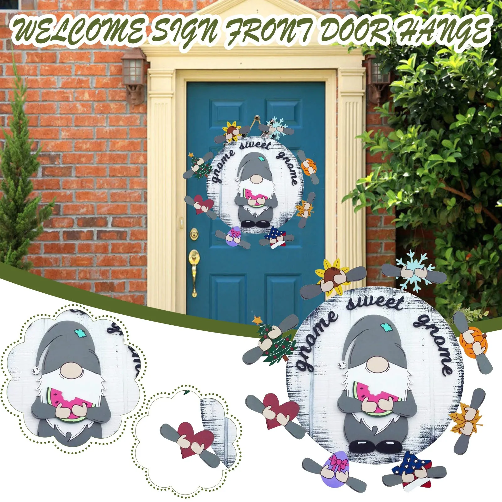 Gnome Plaques Door Hanger Seasonal Welcome Sign with Interchangeable Front Door Porch Hanging Handmade for Housewarming Gifts