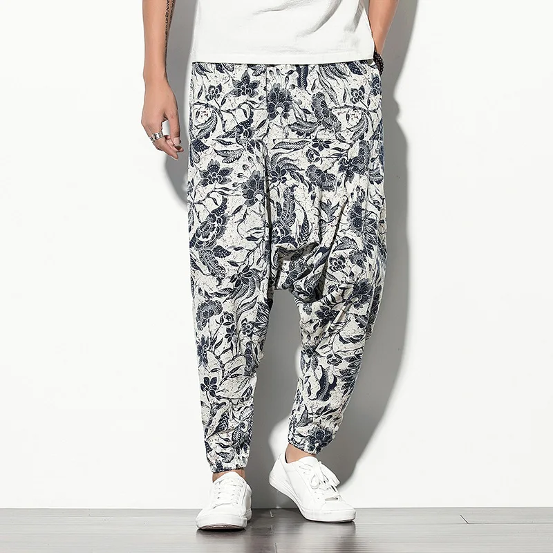 

Nepal Style Men Casual Pants Harem Pants Loose Casual Drawstring Male Cross-pants Casual Geometric Printed Baggy Trousers Summer