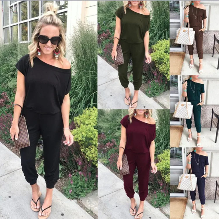 

New 6-color 2021 Spring And Summer Fashion Slant Shoulder Short Sleeve Pocket Women's Jumpsuit Casual Sexy Off The Shoulder Top