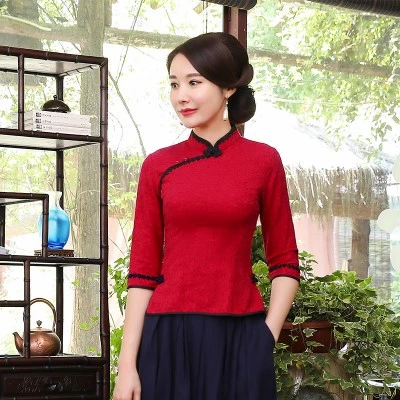 red qipao shirt Женская кружевная блузка Cheongsam блузка красная кружевная рубашка Ципао восточные топы тонкая традиционная китайская одежда в стиле ретро - Цвет: red qipao shirt