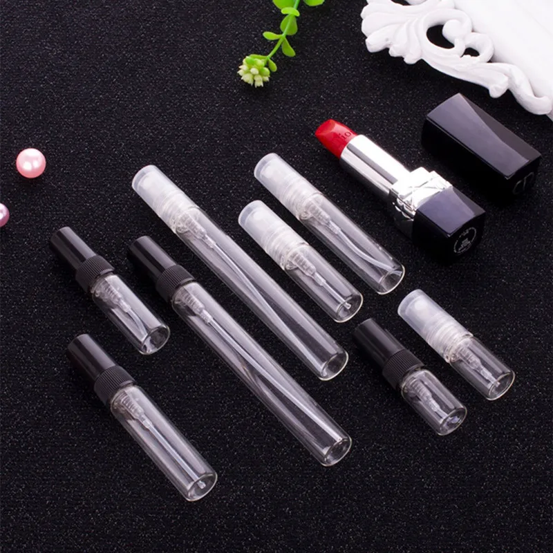 

50pcs/lot 2ML 3ML 5ML 10ML Clear Black Glass Spray Bottle Black Perfume Atomizer Mini Sample Test Tube Bottle Thin Glass Vials