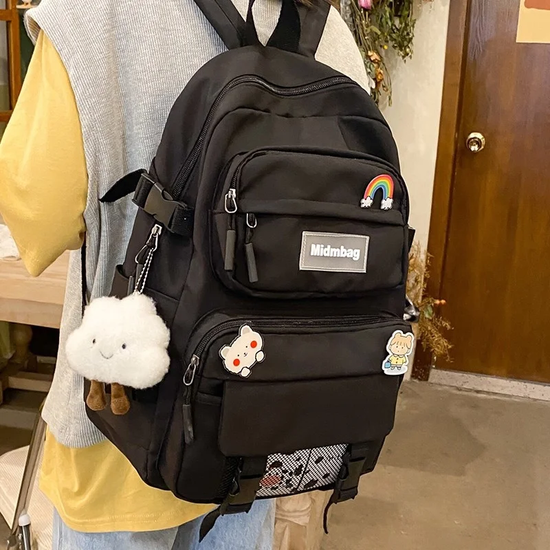 

Cute Badge Pin Women Backpack Harajuku Fashion Female School Bag Large Capacity Light Travel Knapsack