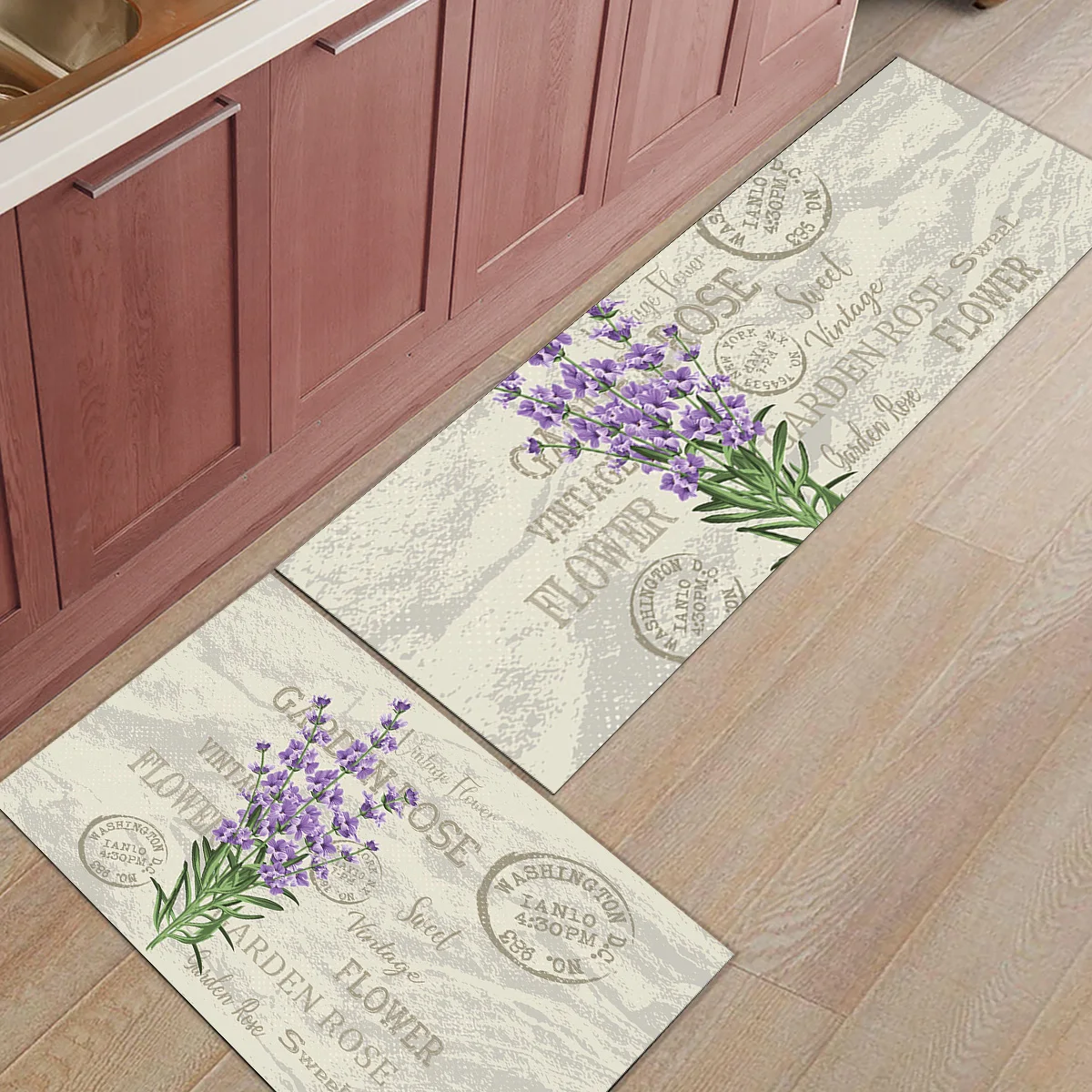 Purple Flowers Lavender Vintage Postcard Kitchen Mat Set Anti-slip Mats for Floor Home Rugs In The Room | Дом и сад