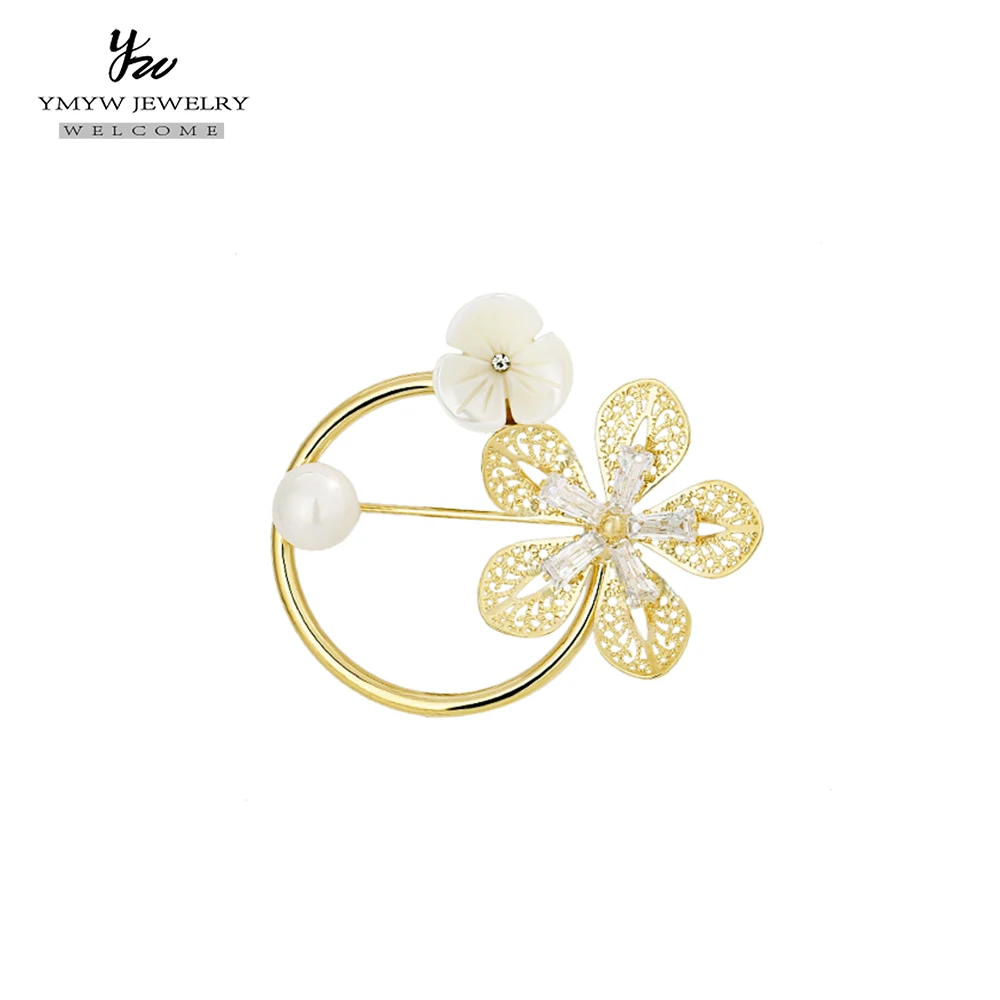 YMYW Золотое растение цветок модная брошь в виде ракушки жемчуг медь кубический
