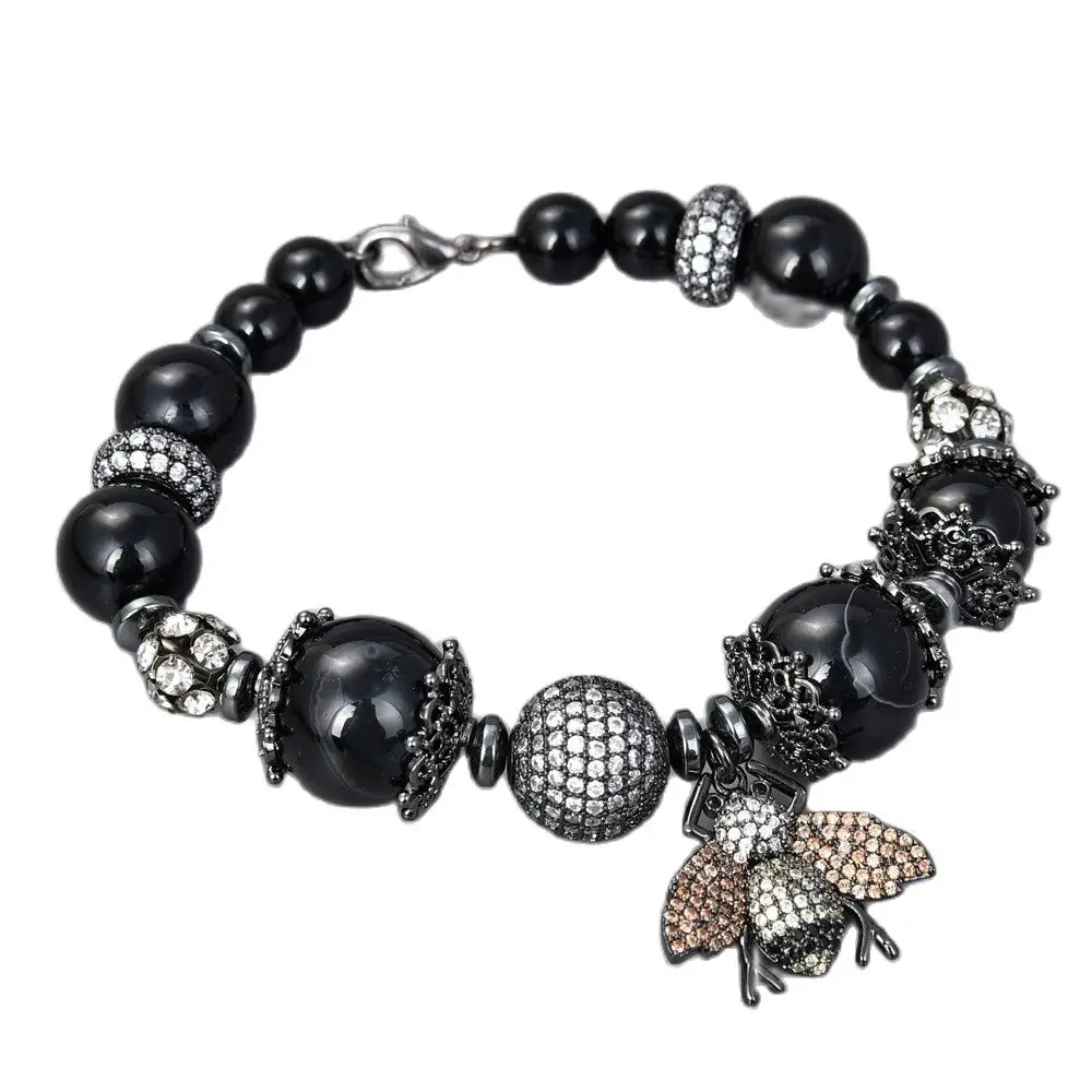 

GG Jewelry 7.5" Black Round Onyx Cz Pave Bracelet Cz Pave Bee Pendant