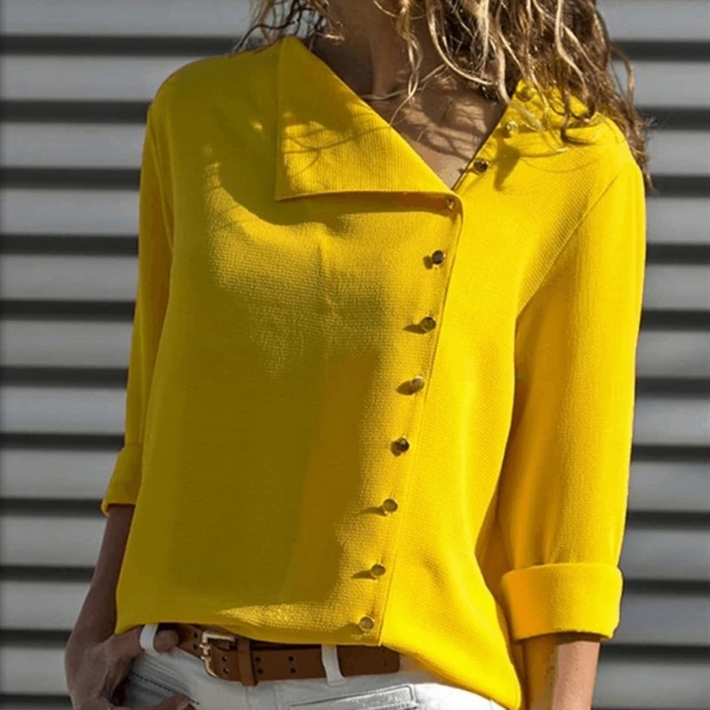 

Summer Women Shirt Lapel Design Single Row Button Chiffon Clothing Slim Fit Simple Style Long Sleeve Top