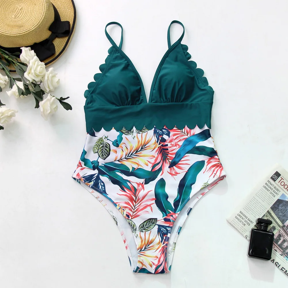 Женский слитный купальник с оборками и принтом листьев регулируемый купальный