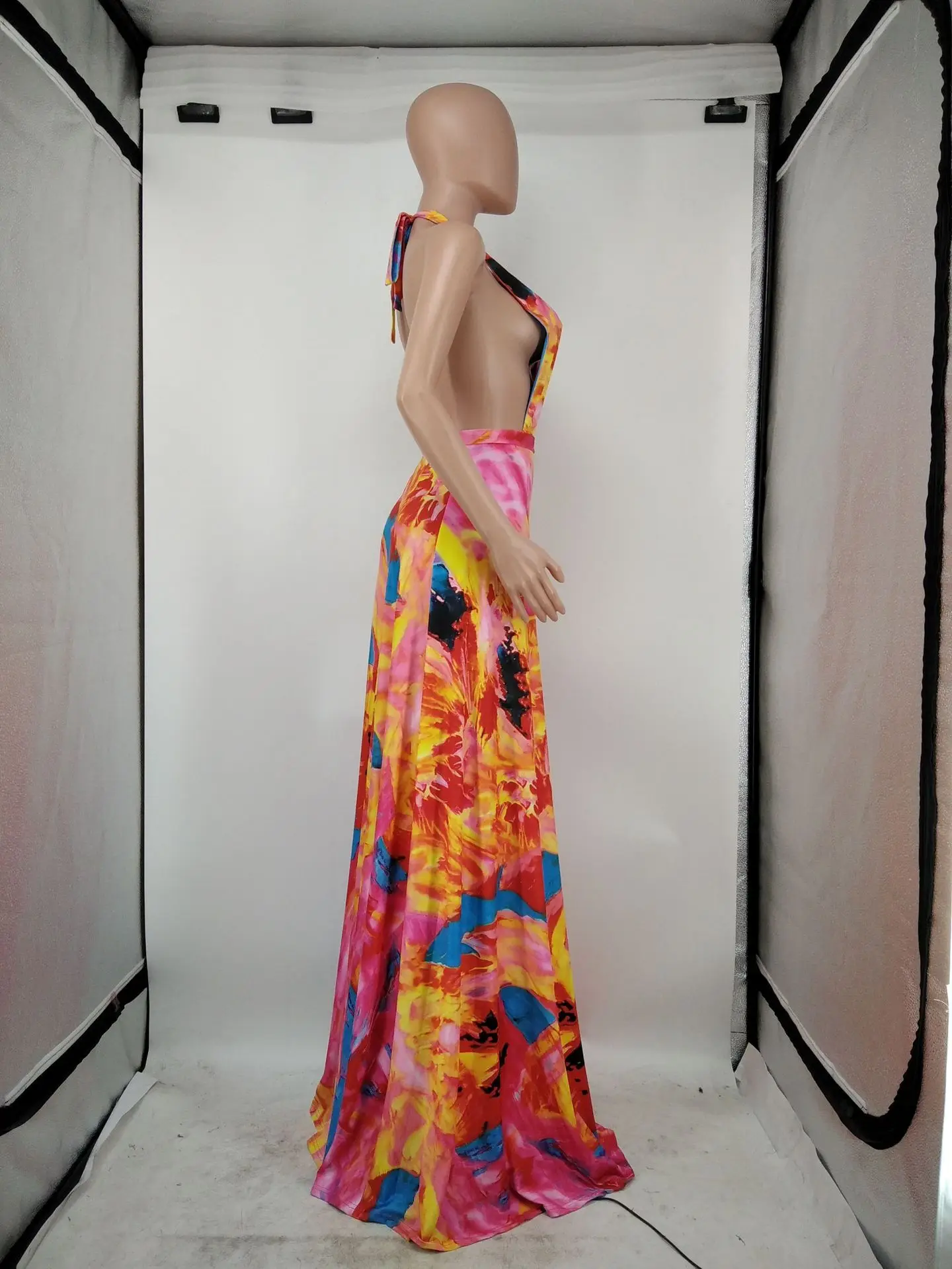 

Women Beach Printed Plunge V-neck Sleeveless Slit Belt Maxi Bikini Dress
