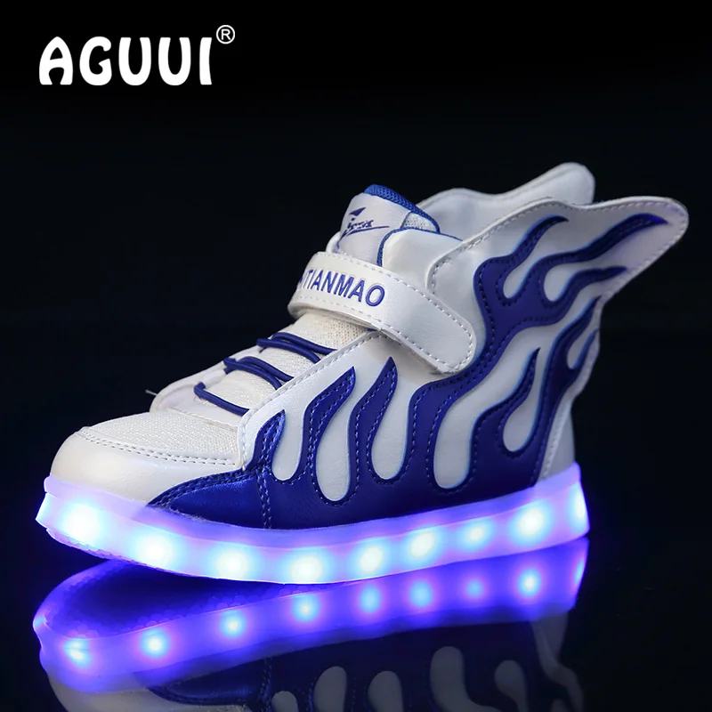 Children Led Luminous Shoes with Flame Wings Boys&ampGirls High Top Sports Shoe USB Charging Glowing Sneaker Size 25-37 | Детская одежда