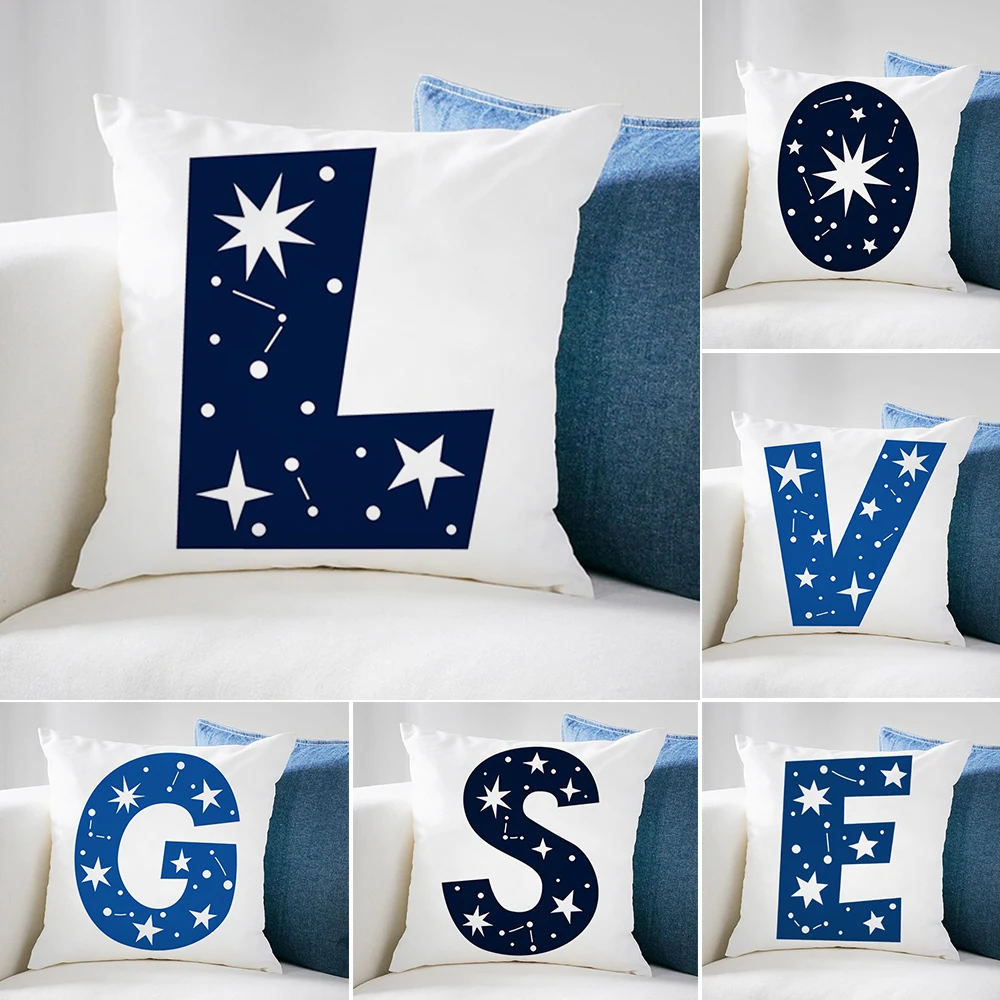 

English Initials Blue Stars Letter Cushion Cover Pillowcase Home Living Room Sofa Throw Pillow Case Decorative Housewarming Gift