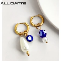 boho turkish evil eye pearl asymmetric hoop earrings golden stainless steel circle earrings for women femme statement jewelry