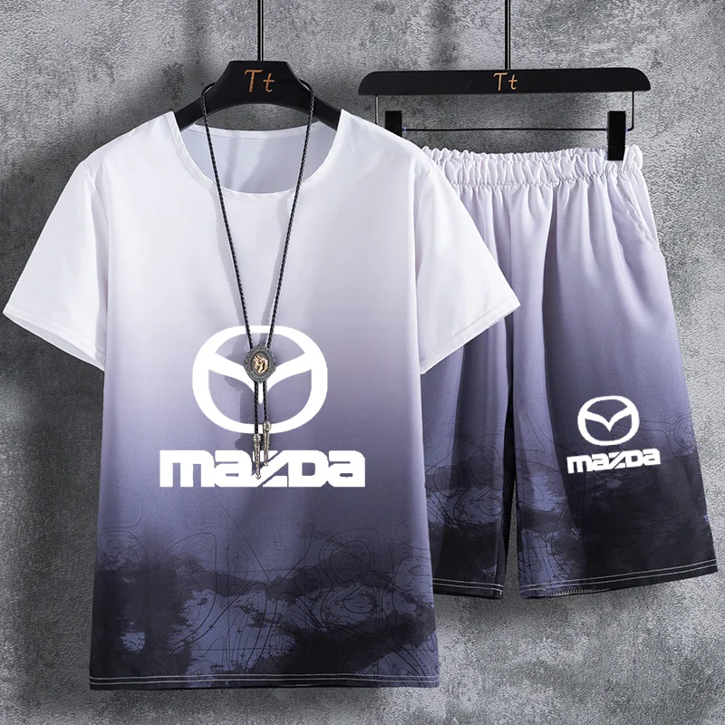

Fashion Summer Men's suits Mazda Car Logo Print Casual Cotton short sleeve High Quality Men's short sleeve+shorts 2-piece set