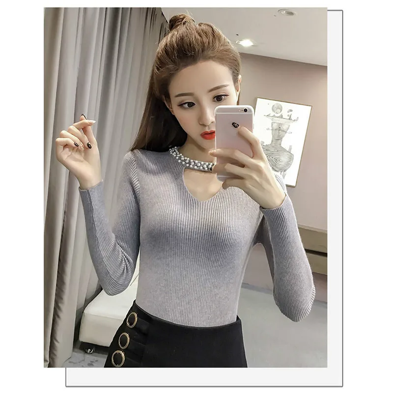 Autumn Slim Pearls Pink Sweater Women Halter Knit Pullover Sexy Winter Tops V Neck Long Sleeve Jumper | Женская одежда