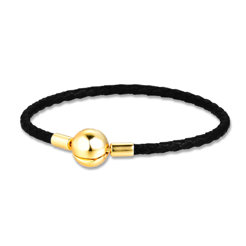 

Black Leather Bracelets Gold Beads for Women Smooth Round Ball Clasp Silver 925 Jewelry Braided Rope Charms Bracelets DIY Making