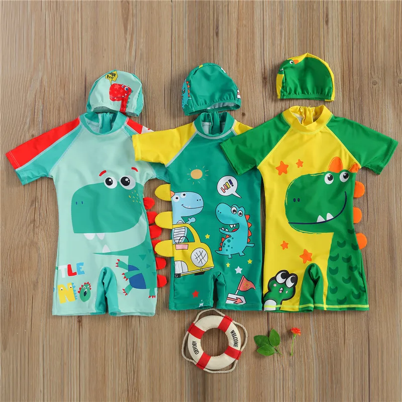 

1-6Year Summer Casual Swimsuit New Baby Boy Cartoon Dinosaur Printed Bathing Suits+Swim Cap Hat Kids Children Swimwear Beachwear