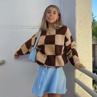 sweaters women harajuku spring autumn knitwear 2021 female plaid color matching pullovers loose long sleeve woolen streetwear
