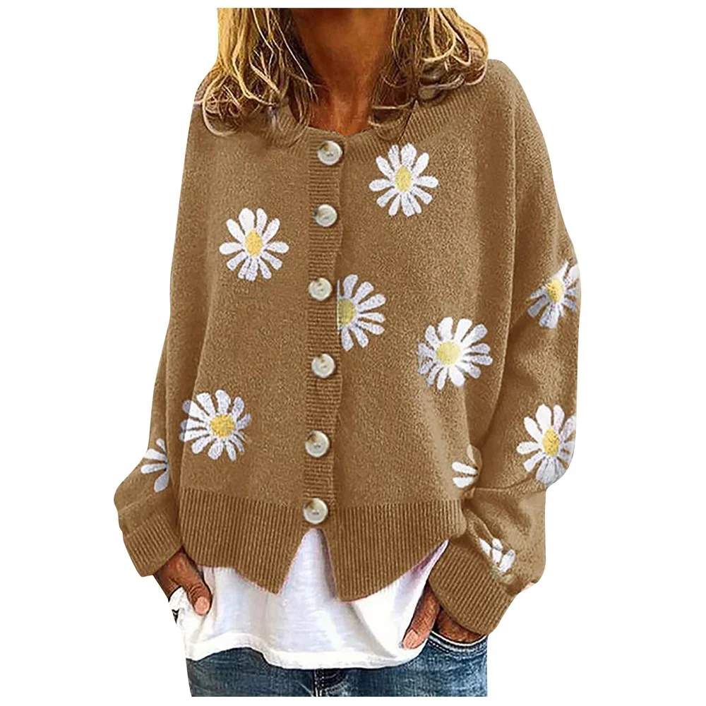 

Casual Floral Printed Long Sleeve Knitted Cardigan Sweaterdames Vesten Lange Printing Sweaters Autumn Winter New Fashion