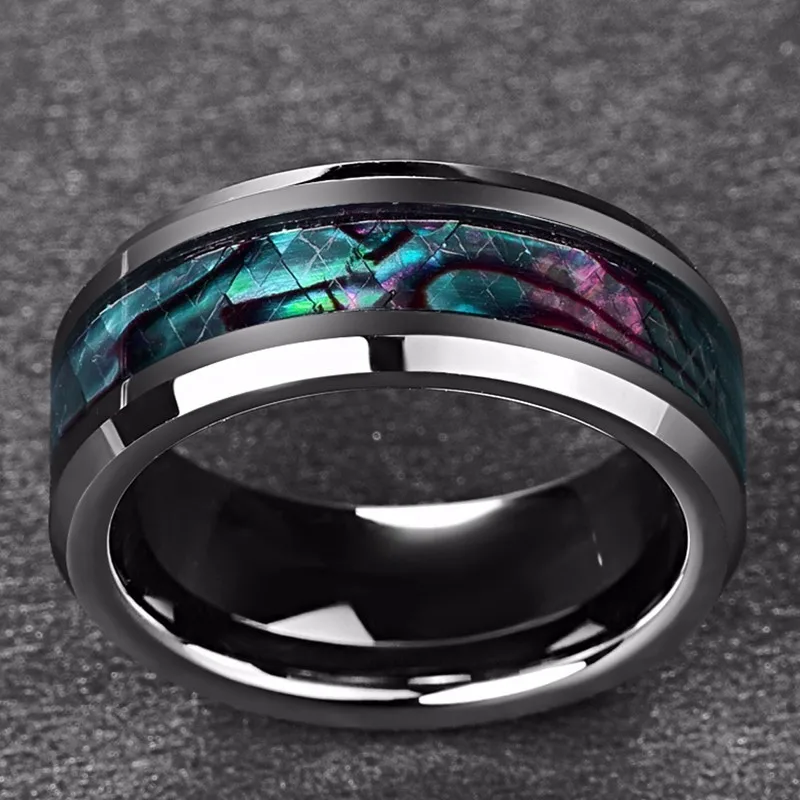 

Nuncad Fine jewelry 8MM inlaid abalone shell beveled steel tungsten carbide ring Wedding Jewelry US size 7-12