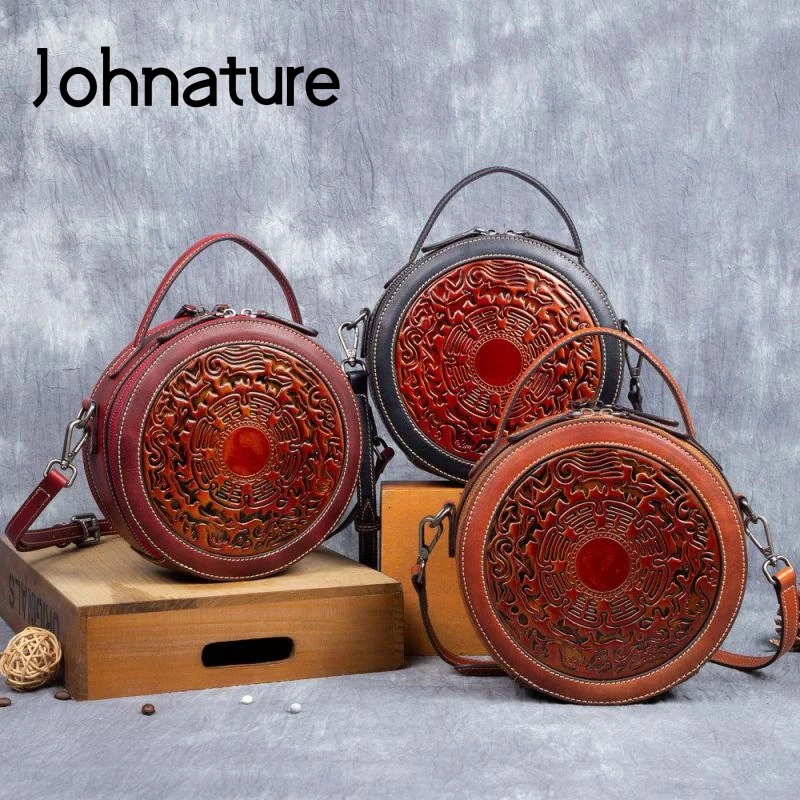 

Johnature Retro Embossed Totem Circular Small Shoulder Bags 2022 New Genuine Leather Women Handbag Nature Cowhide Messenger Bag