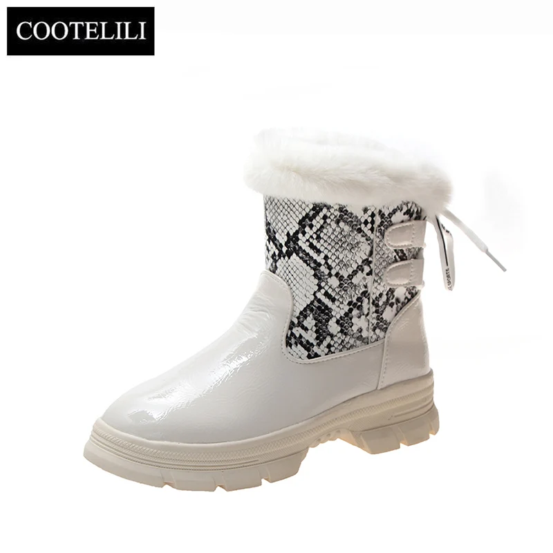 

Winter Snow Boots Women Fashion Leather Boots Back Lace-up Boots 4cm Heel Shoes Botas Mujer Warm Boots Flats Casual