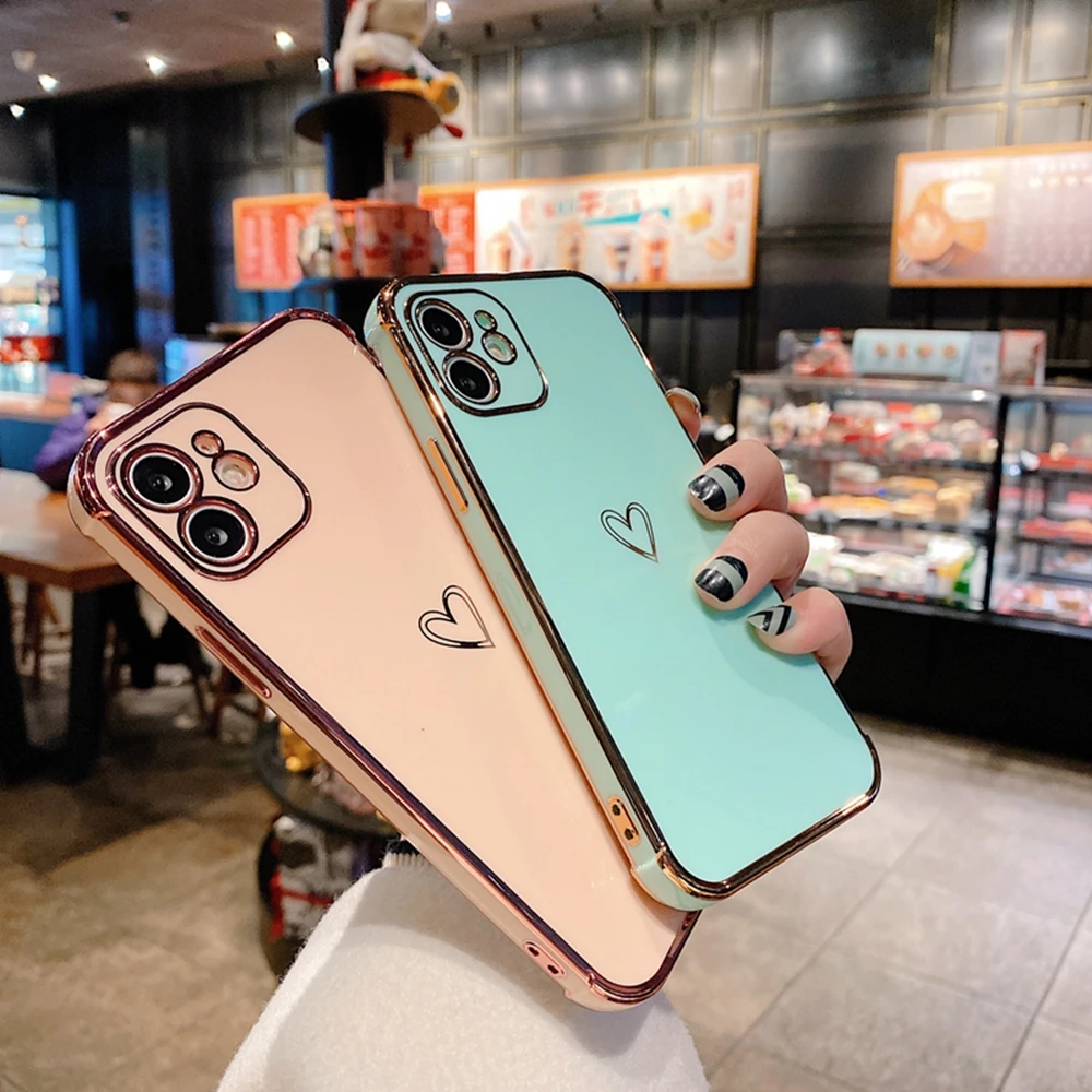 Fashion Electroplated love heart Phone Case For iPhone 12 Mini 11 Pro XR X XS Max 7 8 Plus SE2 Shockproof Soft Protection Cover