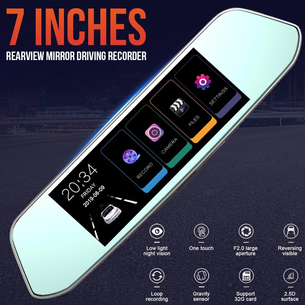 

7 inches HD 1080P Car DVR Touch Screen Stream Media Dual Lens Auto Video Recorder Rearview mirror Dash cam Front and Rear camera