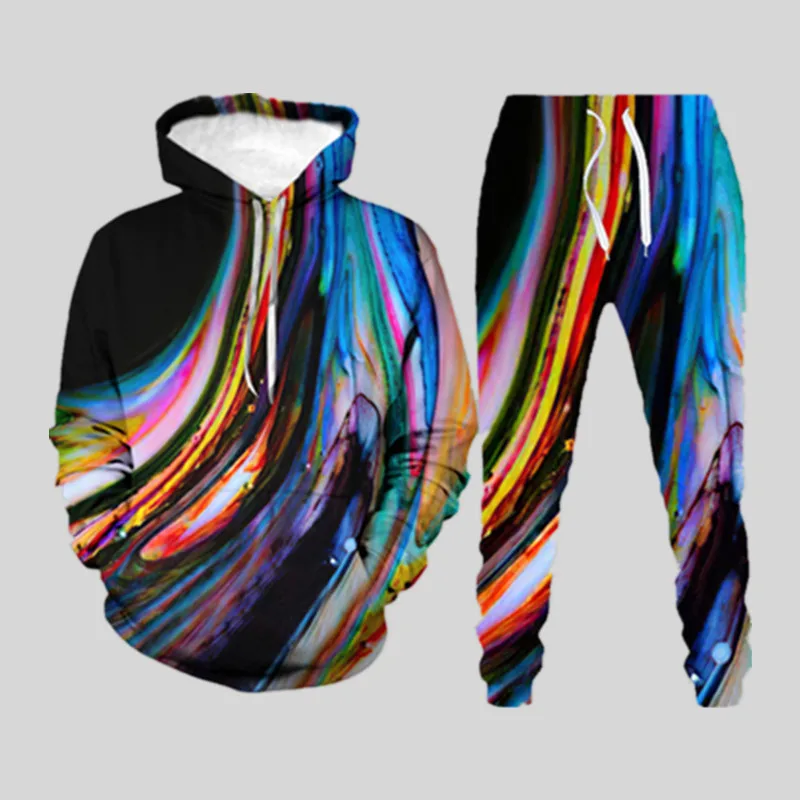 Autumn Trendy Hoodie Sweatshirt Suit Ink Graffiti Hooded Tracksuit Mens Sets Couple Casual Long Sleeve Tops and Pants Outfits