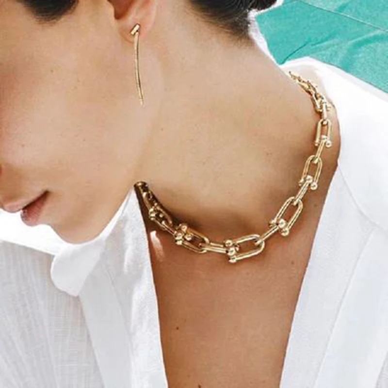 

Dvacaman New Design Gold Color Copper Link Chain Necklace Clavicle Chain Fashion Thick Chain Necklace Sweater Necklace for Women