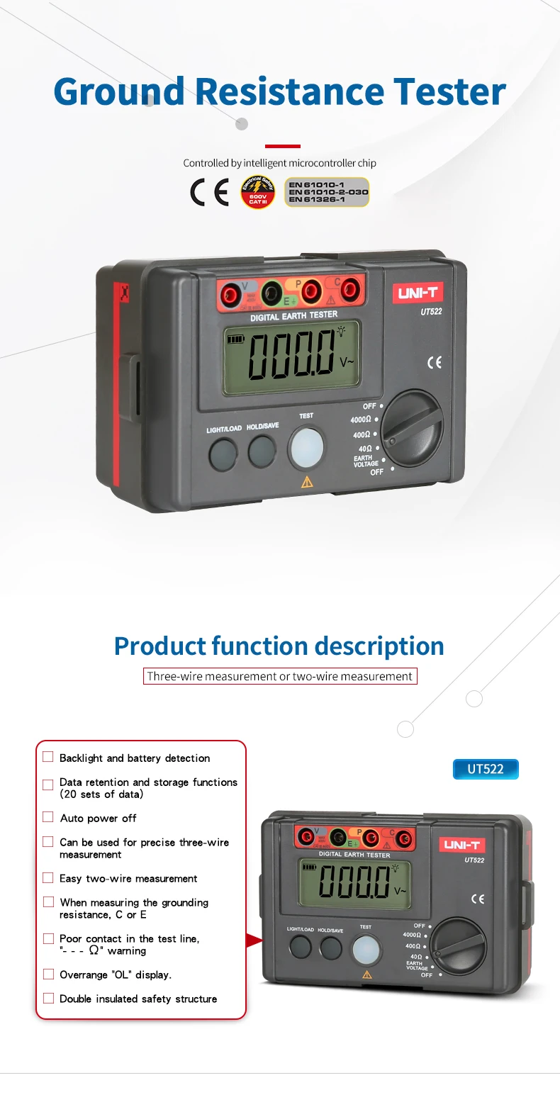 UNI-T UT522 526 Многофункциональный цифровой электрический счетчик Тестер электрической изоляции UT526 Измеритель сопротивления заземления+ испытательная машина УЗО