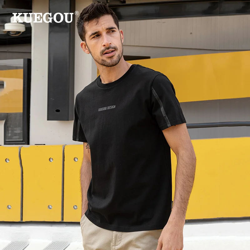 

KUEGOU 2022 Summer 100% Cotton Print Black Letter T Shirt Men Tshirt Brand T-shirt Short Sleeve Tee Shirt Fashion Clothes 90070