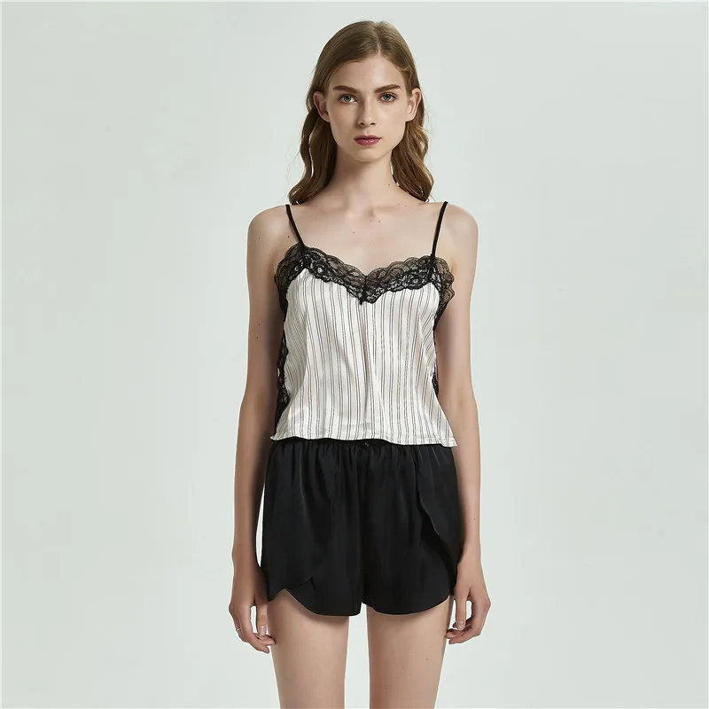 2020 New Lace Trim Satin Cami Striped Flared Shorts Loose Pajama Set Sexy Pajamas for Women