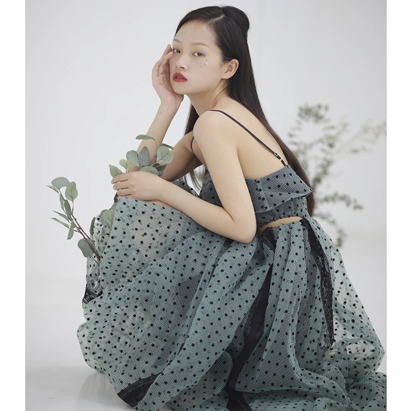 

SuperAen Original Cutting Hollow Out Waist Wave Organza Waist Spaghetti Strap A-LINE Slash Neck Dress for Women