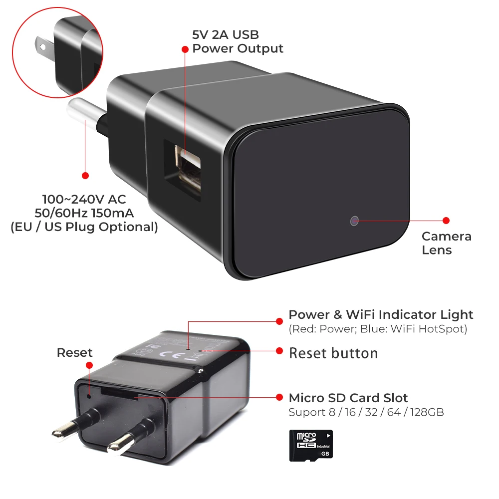 1080P Мини wifi камера вилка USB зарядное устройство видеокамера видеорегистратор