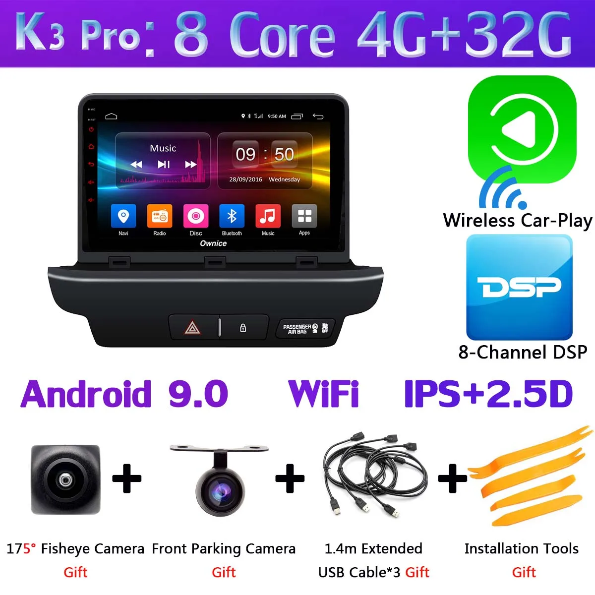 K3 Pro CarPlay 360 ° панорамный 4G WiFi Android 9,0 8Core 4G+ 64G Автомобильный мультимедийный плеер gps навигация компактное минирадио CarPlay для Kia CEED - Цвет: K3 Pro CarPlay