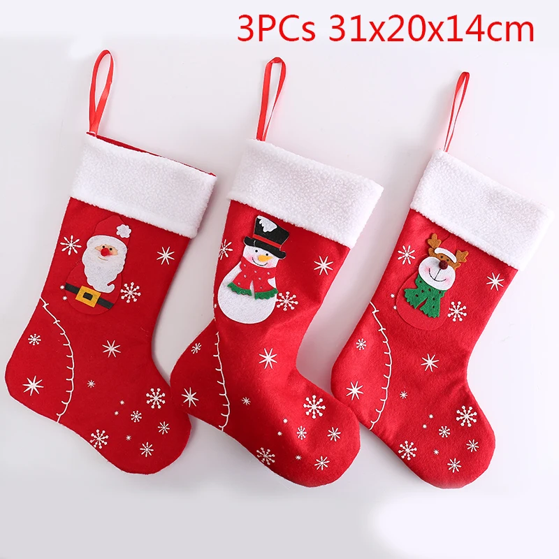 3PCS Рождественские чулки из ткани, носки Санта-Клауса, подарочные детские конфетные сумочки, снеговик, олень, карман, рождественские украшения для рождественской елки, украшения - Цвет: 3PCS