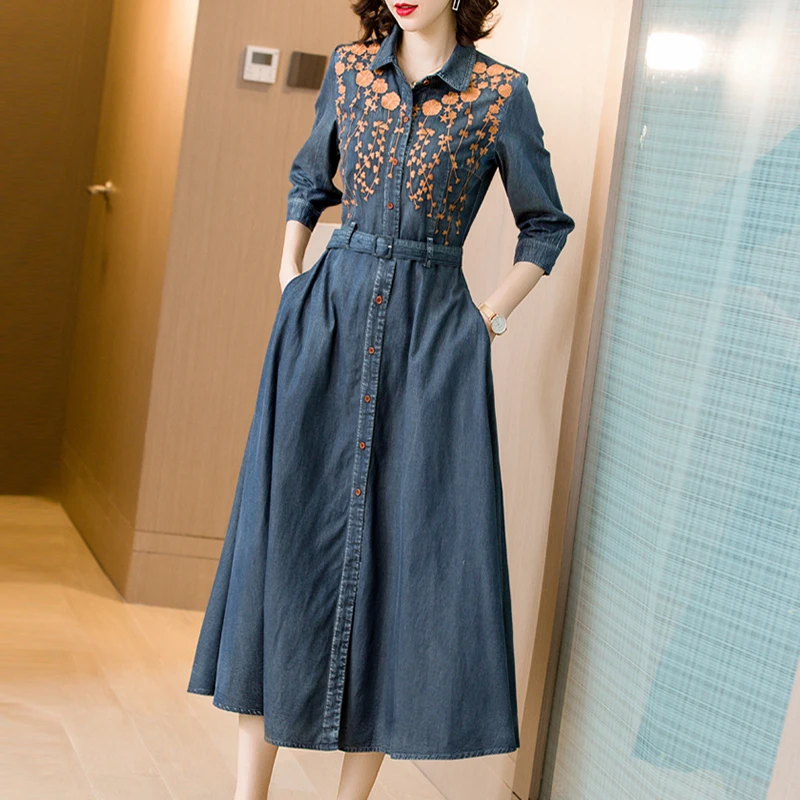 

Vintage Embroidery Shirt Collar Slim Waist Denim Dresses Female Elegant Half Sleeve Party Denim Dresses Spring Women's Clothing