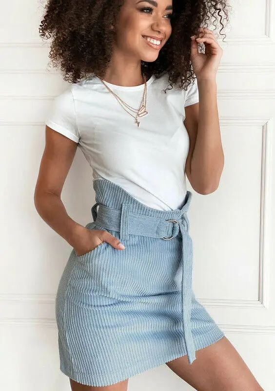 

Fashion Streetwear Skirts Womens Sexy Ladies Mini Skirt Sky Blue High Waist Bodycon Party Club Belt Skirts