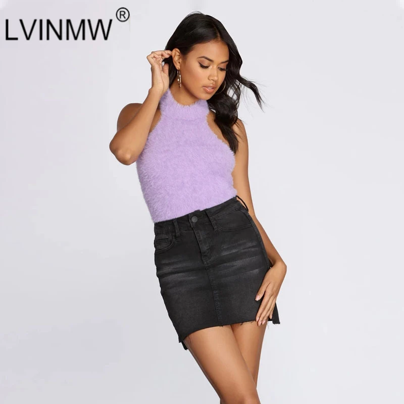 Сексуальный фиолетовый флисовый укороченный топ с лямкой на шее Осень-зима