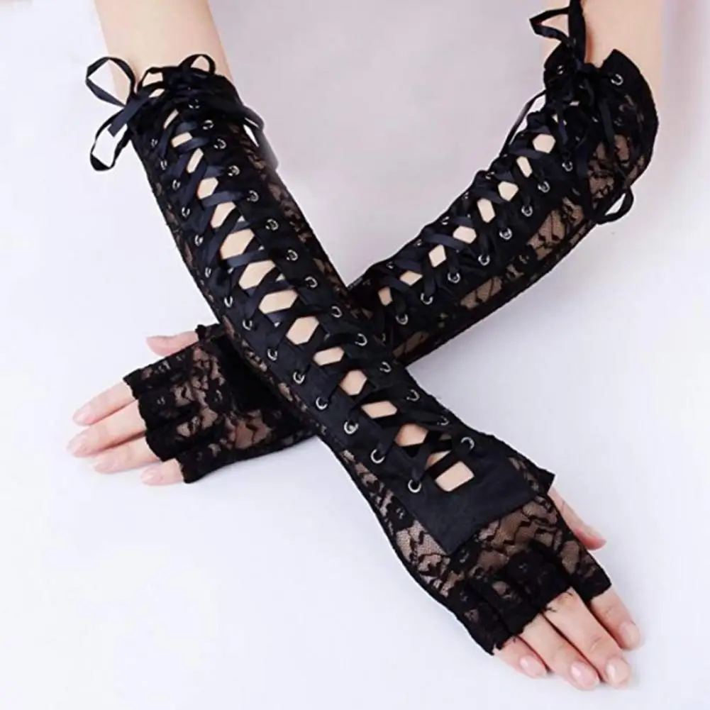 

Dropshipping!! 1 Pair Women Halloween Long Gloves Fingerless Adjustable Bandage Flower Pattern Lace Corset Gloves for Party