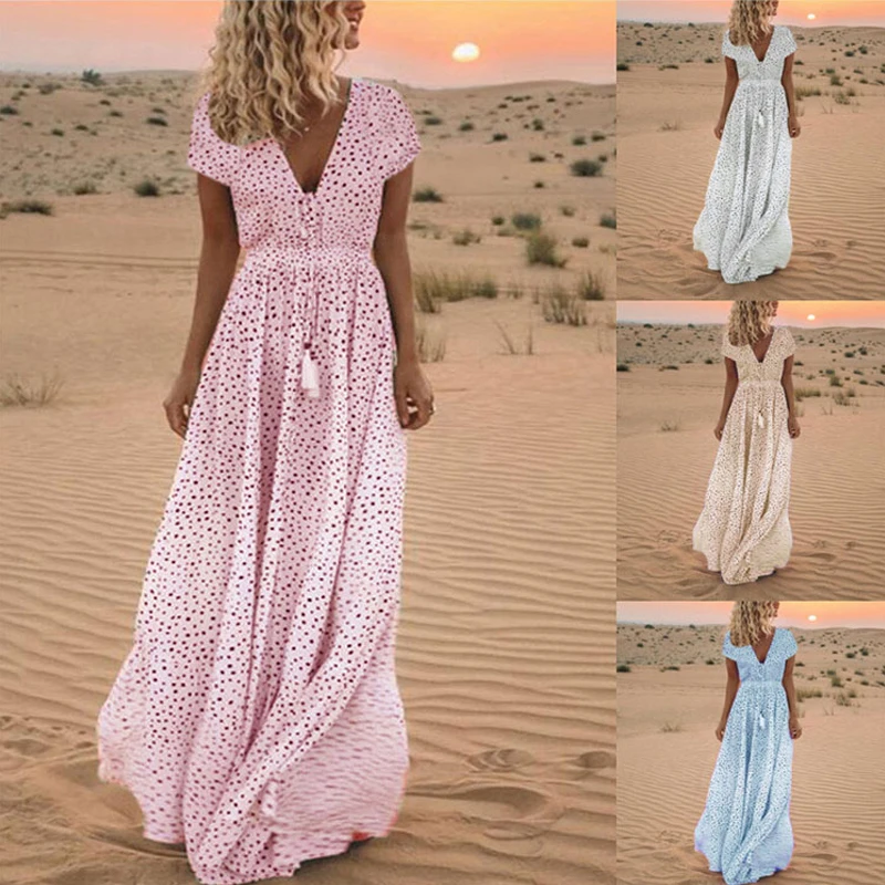 

Women Summer Dress Ladies V Neck Boho Long Dresses Female Fashion High Waist Dot Print Robe Elegant Maxi Dress Women's Clothing
