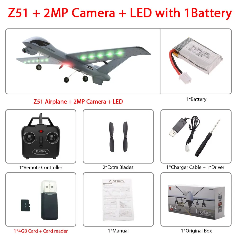 2MP-Led 1B color box Радиоуправляемый самолет Z51 из ЕПП-пены с HD камерой 2 Мп или без камеры, 20 минут в полете - Цвет: 2MP-Led 1B color box